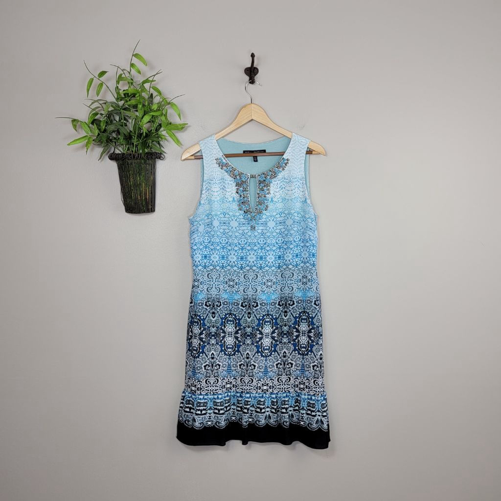 WHBM Sleeveless Ombre Blue Beaded Neck Shift Midi Dress Pull Over Ruffle Hem M